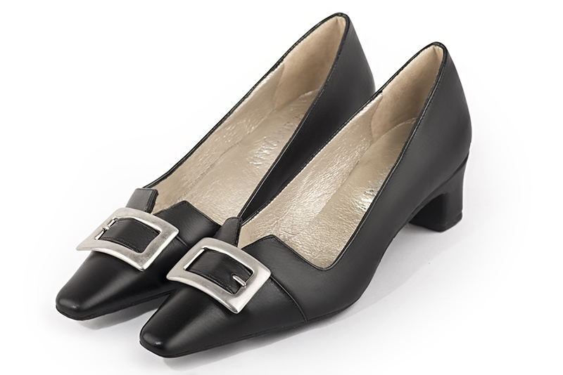 Satin black women's dress pumps,with a square neckline. Tapered toe. Low kitten heels. Front view - Florence KOOIJMAN